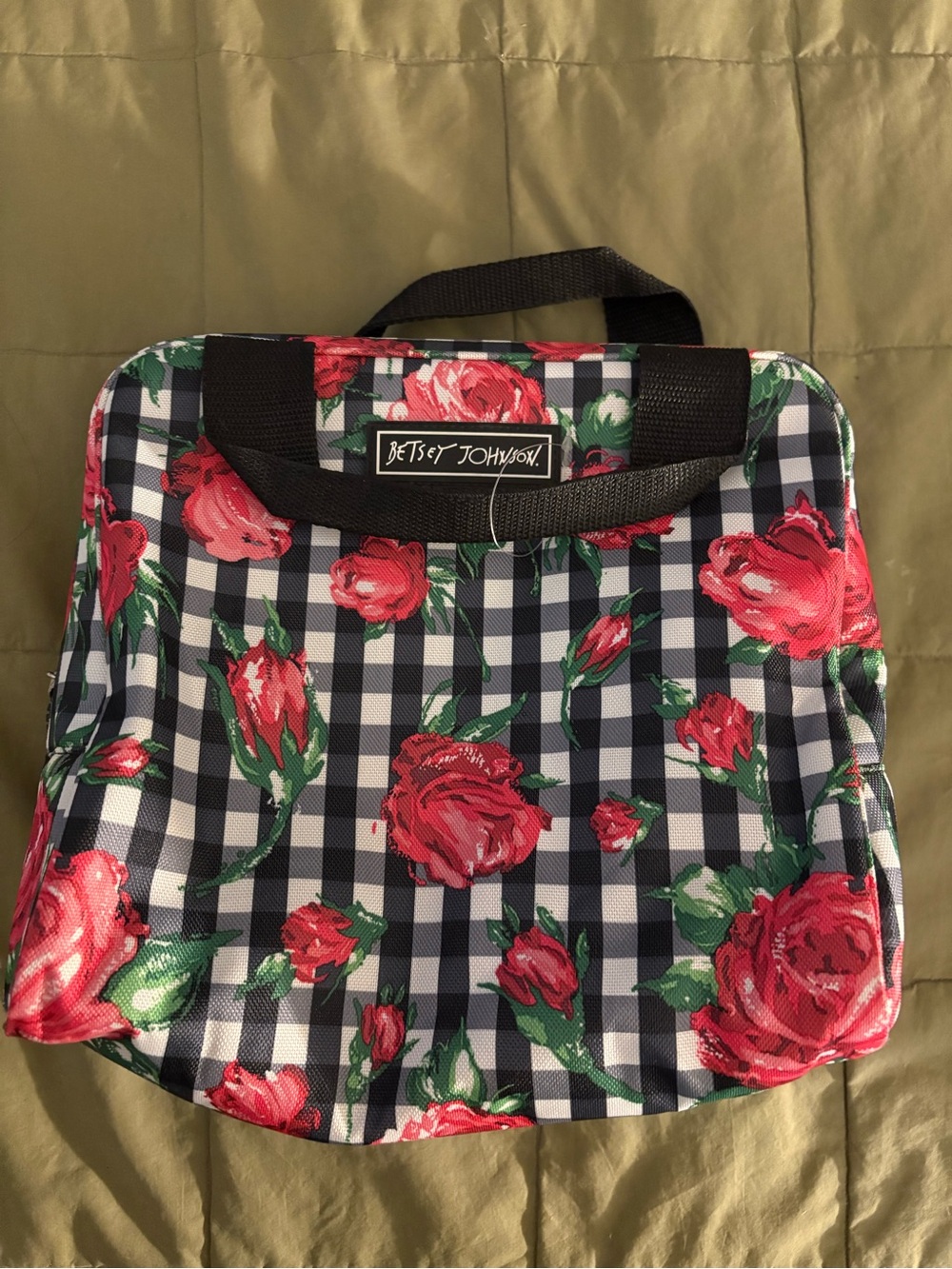 Betsey Johnson Black & White Gingham Cosmetic Bag with Red Roses